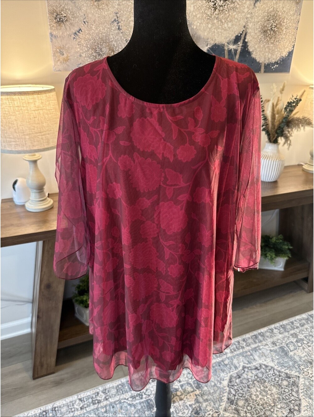 SeSe Code Burgundy Mesh Blouse Women's Medium Flowy Poncho Dressy Top